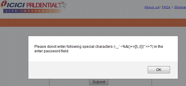 error message: Please do not enter following special characters (-_.%()+-[]{}|) in the password field