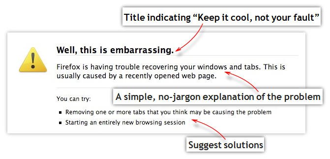 error message parts: keept it cool title, simple explanation, suggested solutions