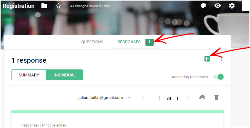 Google Forms responses tab