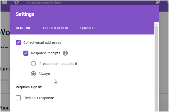 Google forms settings
