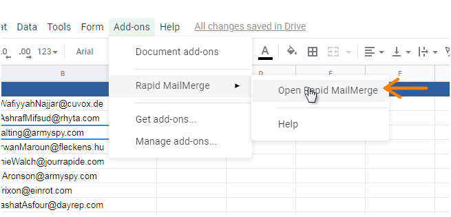 Open Rapid MailMerge from the add-ons menu